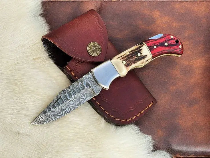 Handmade Damascus Pocket Knife – Stag & Pakka Wood by Damascus Knife Store, Damascus knife main product photo