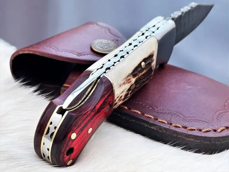 Handmade Damascus Pocket Knife – Stag & Pakka Wood by Damascus Knife Store, Damascus knife detail photo 2