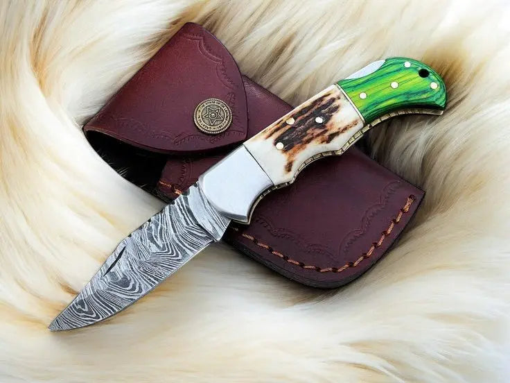 Handmade Damascus Pocket Knife | Stag & Pakka Wood Handle by Damascus Knife Store, Damascus knife main product photo