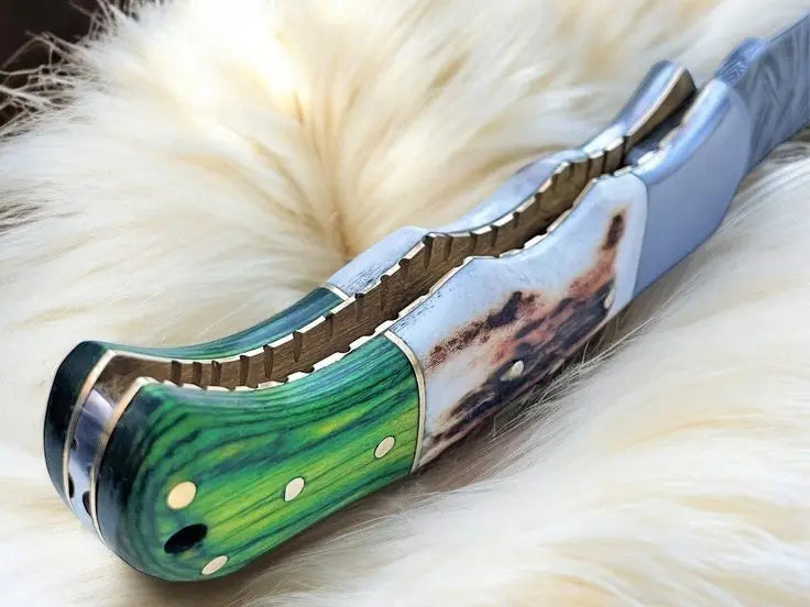 Handmade Damascus Pocket Knife | Stag & Pakka Wood Handle by Damascus Knife Store, Damascus knife detail photo 2