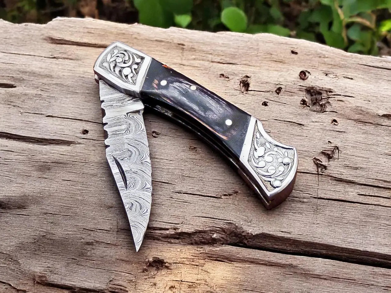 Handmade Damascus Pocket Knife with Black Wood Handle by Damascus Knife Store, Damascus knife main product photo
