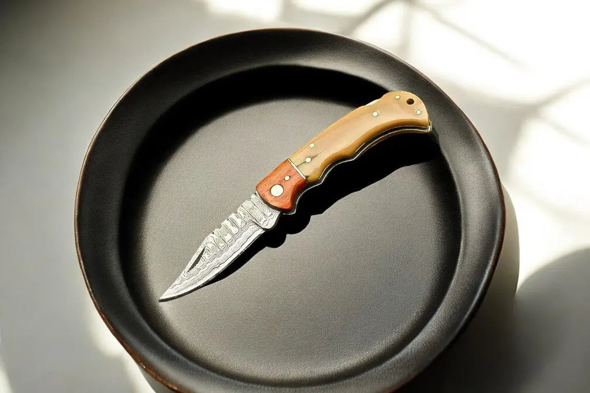 Handmade Damascus Pocket Knife with Bone Handle – 3" Blade by Damascus Knife Store, Damascus knife main product photo
