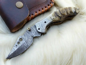 Handmade Damascus Pocket Knife with Sheep Horn Handle Damascus Knife Store