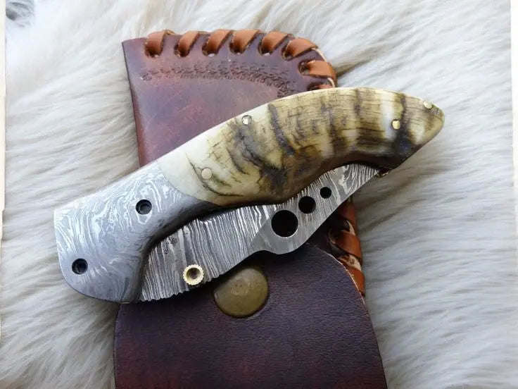 Handmade Damascus Pocket Knife with Sheep Horn Handle Damascus Knife Store