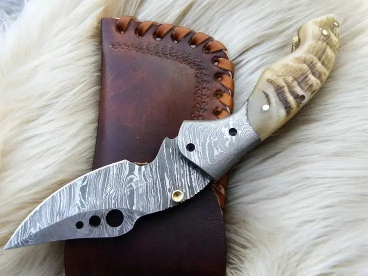 Handmade Damascus Pocket Knife with Sheep Horn Handle Damascus Knife Store