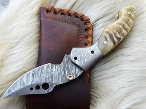 Handmade Damascus Pocket Knife with Sheep Horn Handle Damascus Knife Store