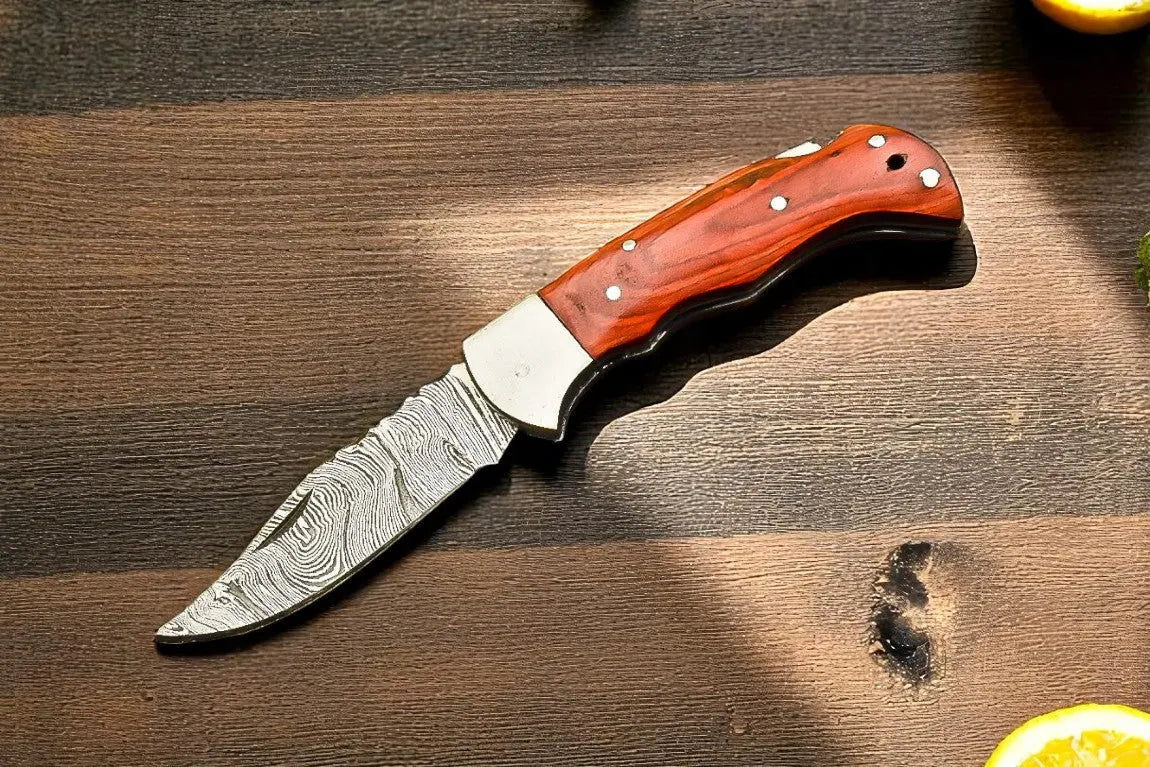 Handmade Damascus Pocket Knife with Wood Handle – 3" Blade Damascus Knife Store