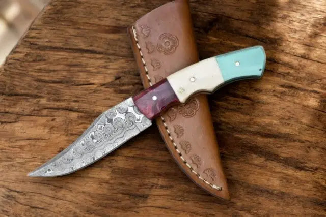 Handmade Damascus Skinner Knife with Bone & Resin Handle by Damascus Knife Store, Damascus knife main product photo