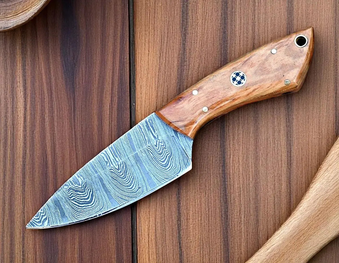 Handmade Damascus Skinning Hunting Knife with Sheath by Damascus Knife Store, leather knife sheath main product photo