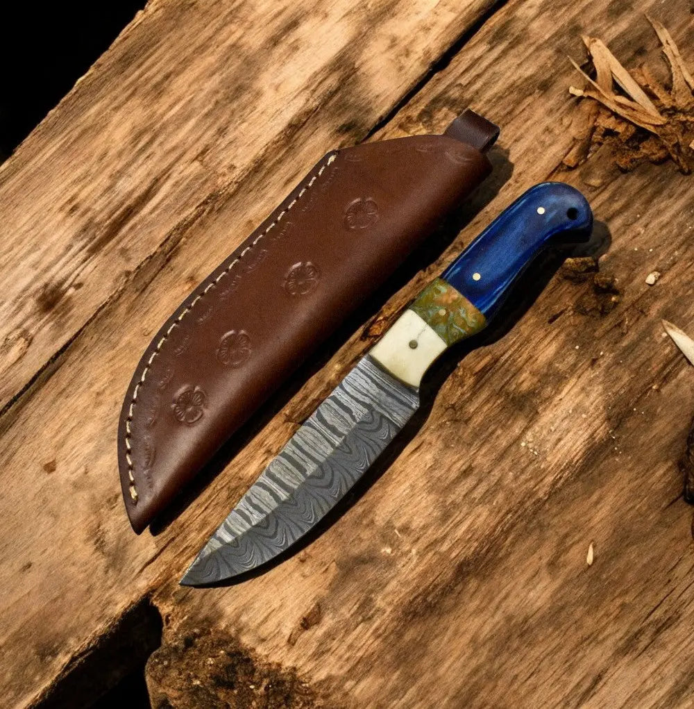 Handmade Damascus Skinning Knife – Bone & Resin Handle by Damascus Knife Store, Damascus knife main product photo