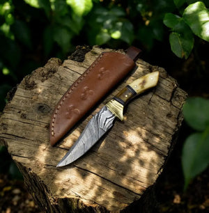 Handmade Damascus Skinning Knife with Bone & Rosewood Handle Damascus Knife Store