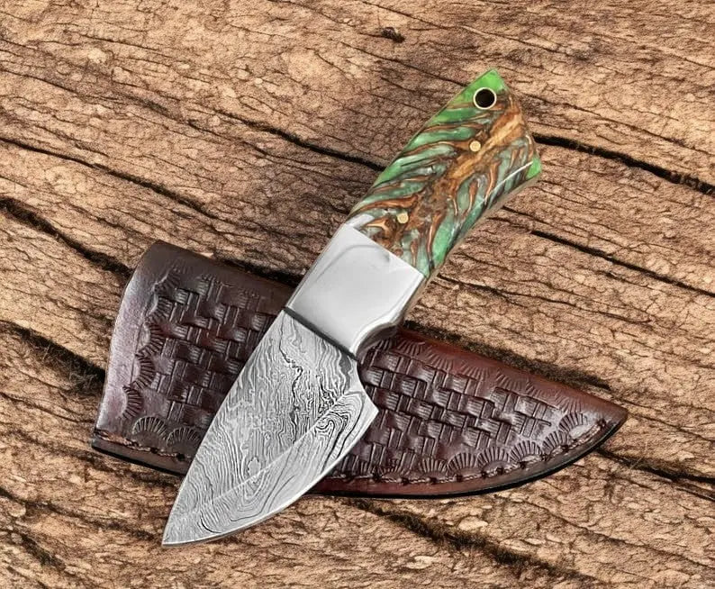 Handmade Damascus Skinning Knife with Epoxy Pine Cone Handle Damascus Knife Store