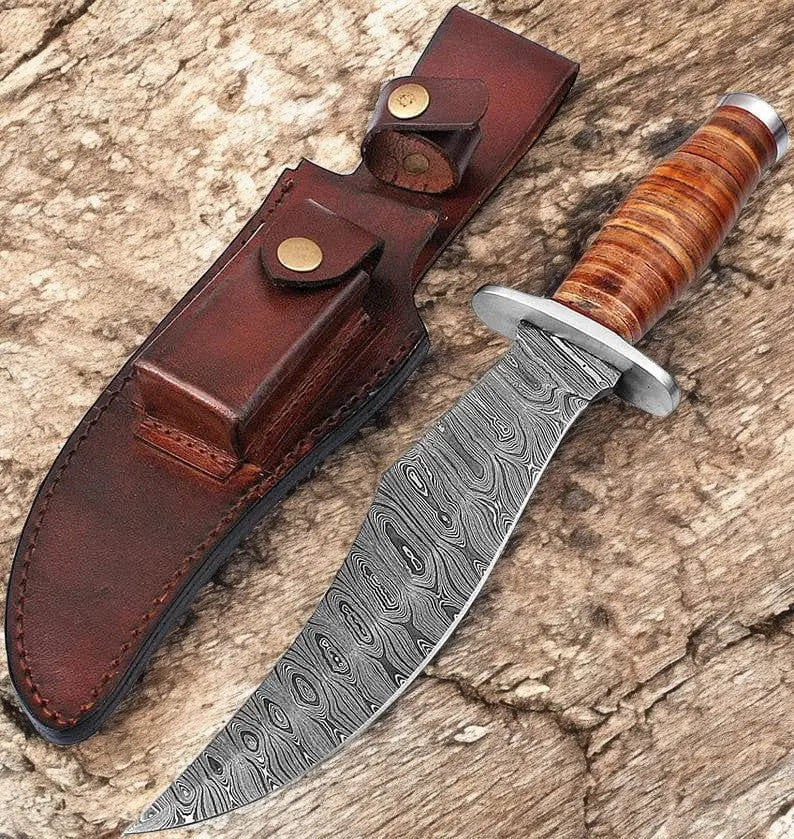 Handmade Damascus Steel Bowie Knife with Leather Handle by Damascus Knife Store, Damascus knife main product photo