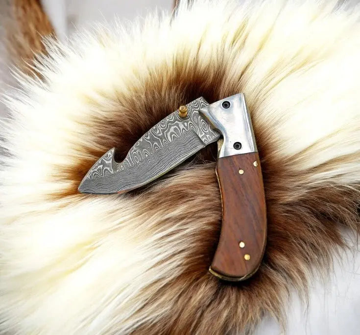 Handmade Damascus Steel Folding Knife with Rosewood Handle by Damascus Knife Store, Damascus knife main product photo