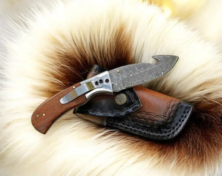 Handmade Damascus Steel Folding Knife with Rosewood Handle by Damascus Knife Store, Damascus knife detail photo 2