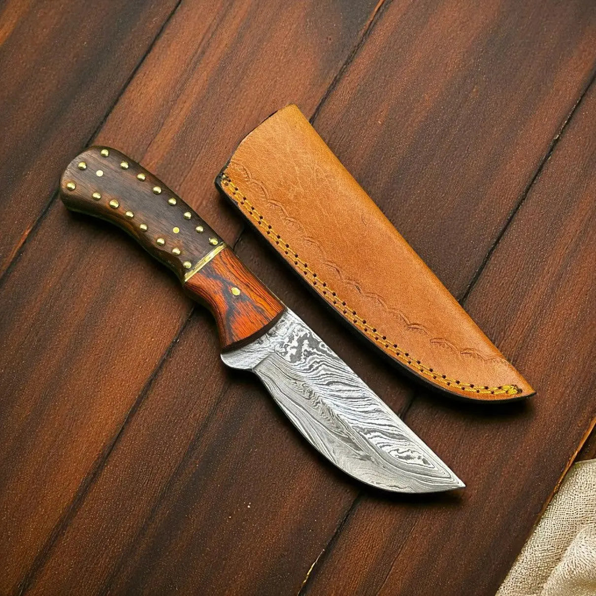 Handmade Damascus Steel Hunting Knife – 7.25" with Sheath by Damascus Knife Store, leather knife sheath main product photo