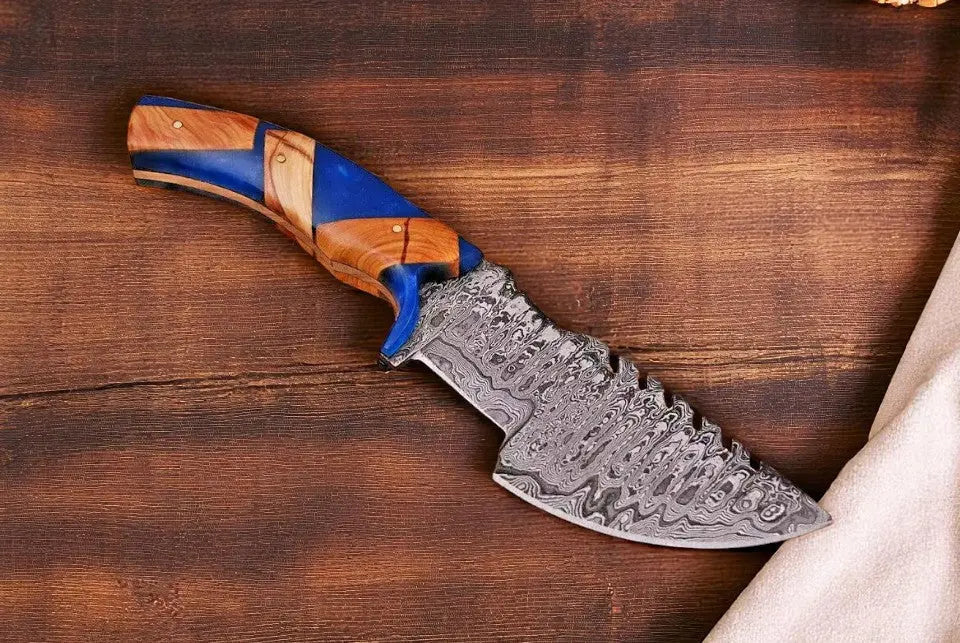 Handmade Damascus Steel Hunting Knife with Sheath by Damascus Knife Store, leather knife sheath main product photo