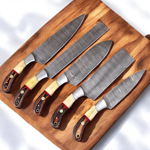 Handmade Damascus Steel Kitchen Knives Set with Leather Roll Damascus Knife Store