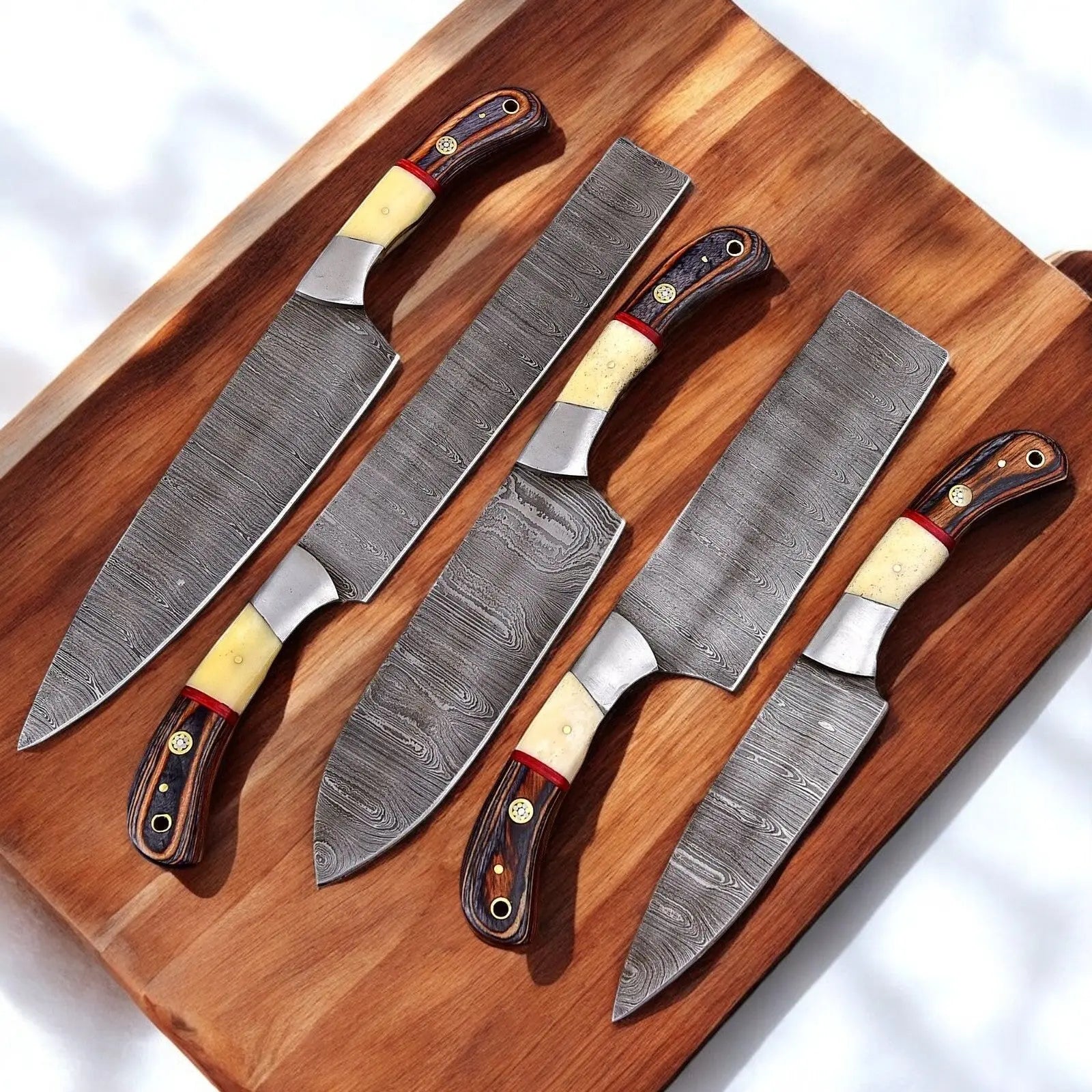 Handmade Damascus Steel Kitchen Knives Set with Leather Roll Damascus Knife Store