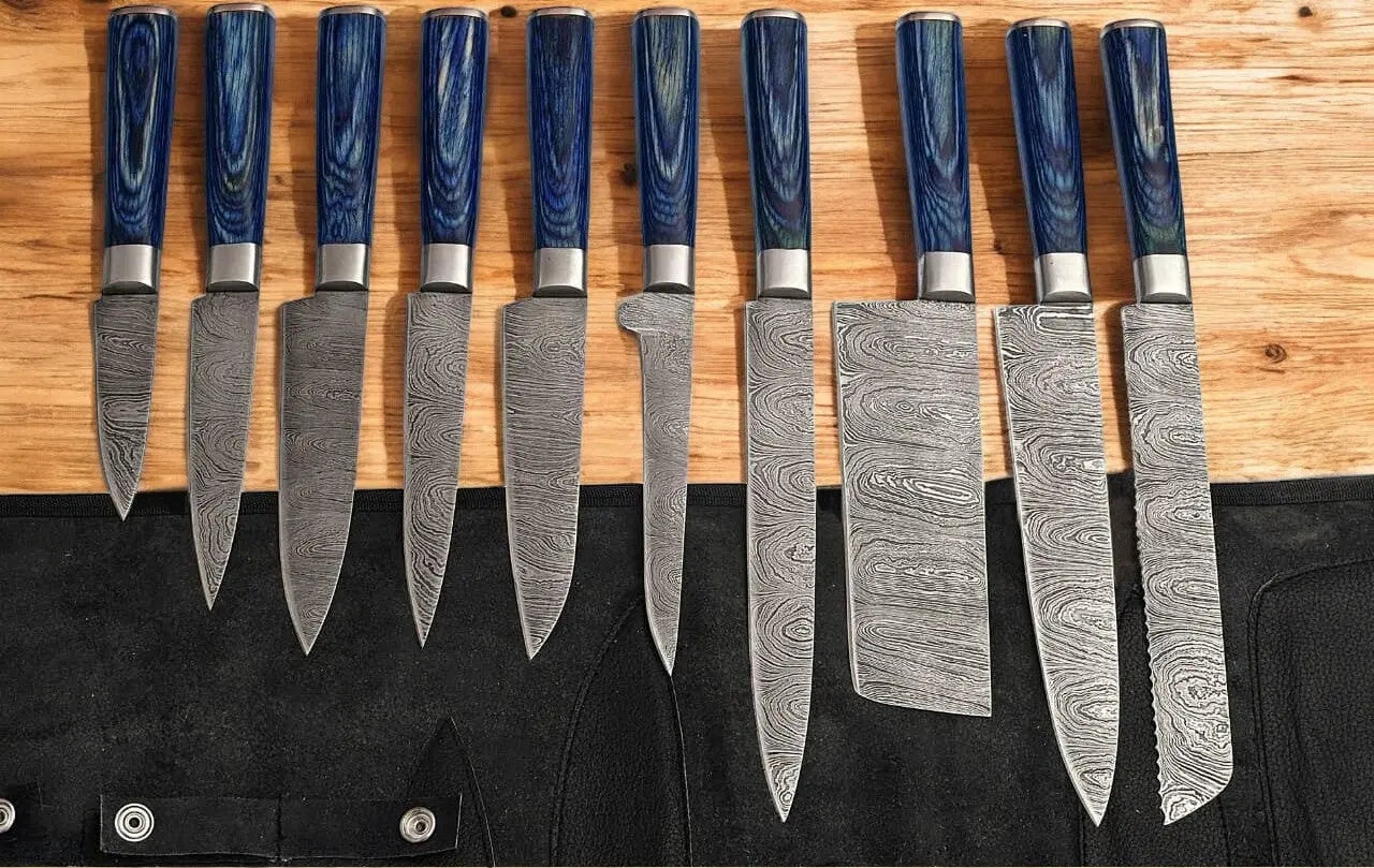 Handmade Damascus Steel Kitchen Knives Set with Leather Roll Damascus Knife Store