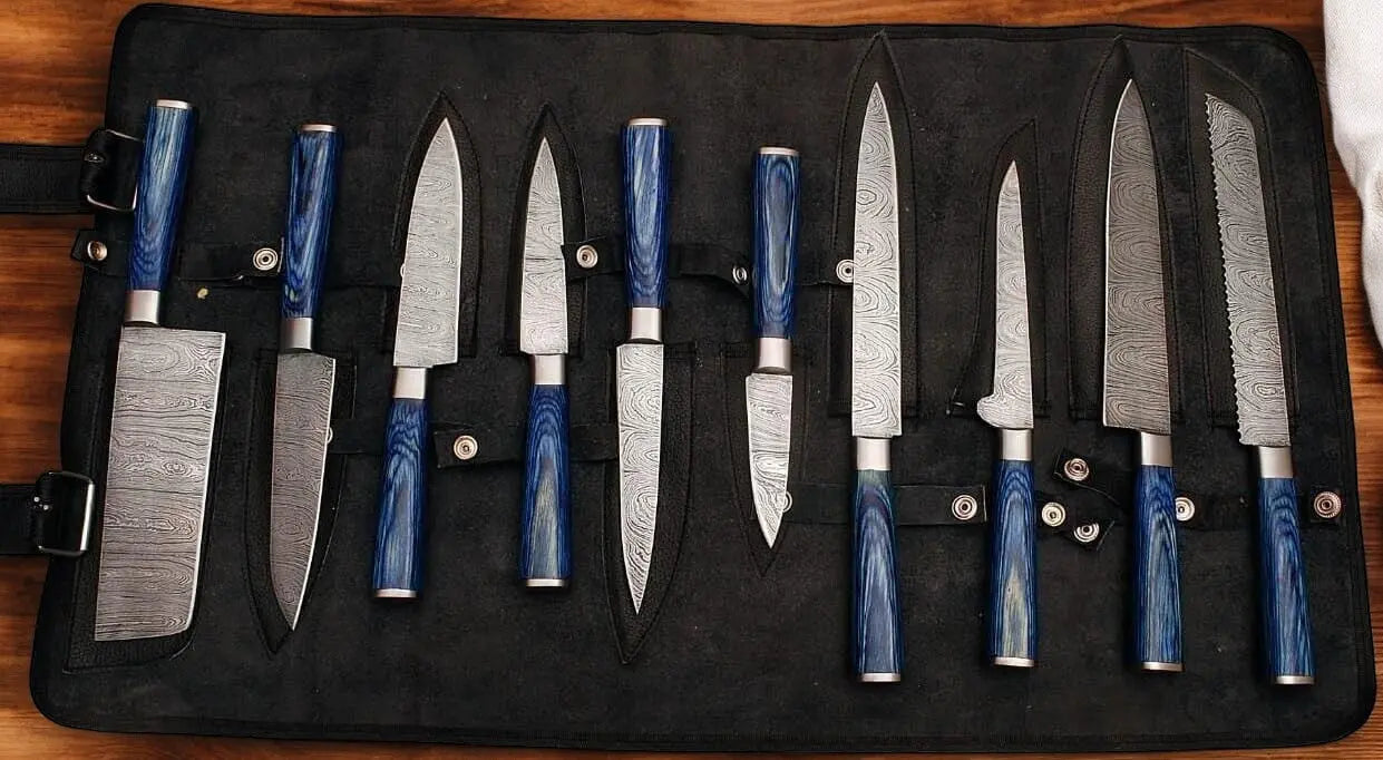 Handmade Damascus Steel Kitchen Knives Set with Leather Roll Damascus Knife Store