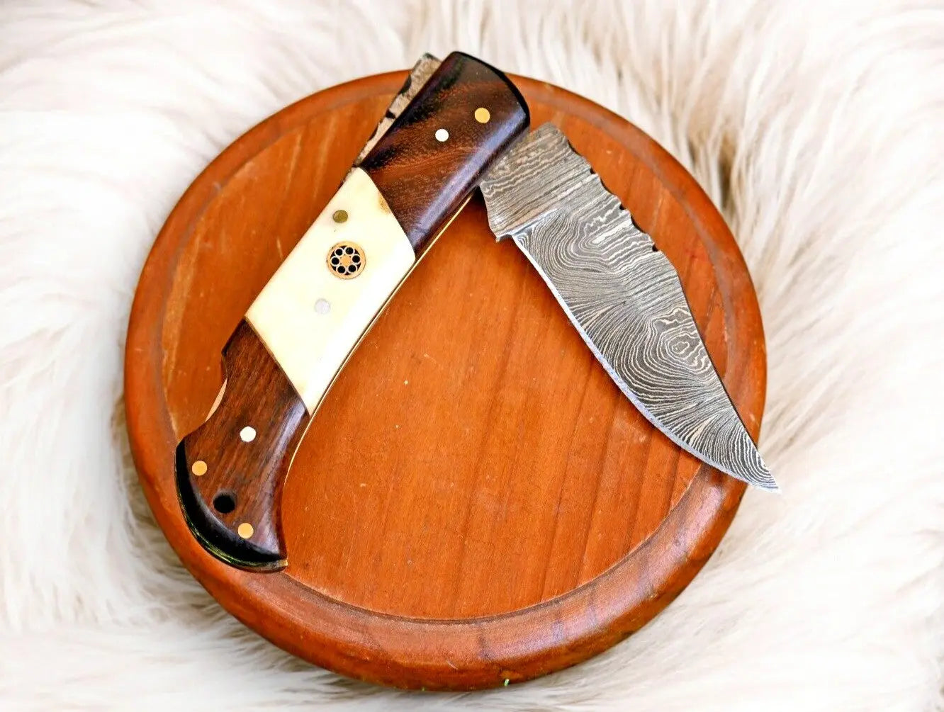 Handmade Damascus Steel Pocket Knife – Rosewood & Bone by Damascus Knife Store, Damascus knife main product photo