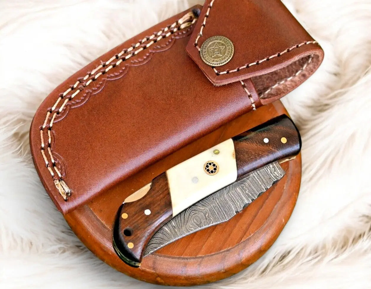 Handmade Damascus Steel Pocket Knife – Rosewood & Bone by Damascus Knife Store, Damascus knife detail photo 2