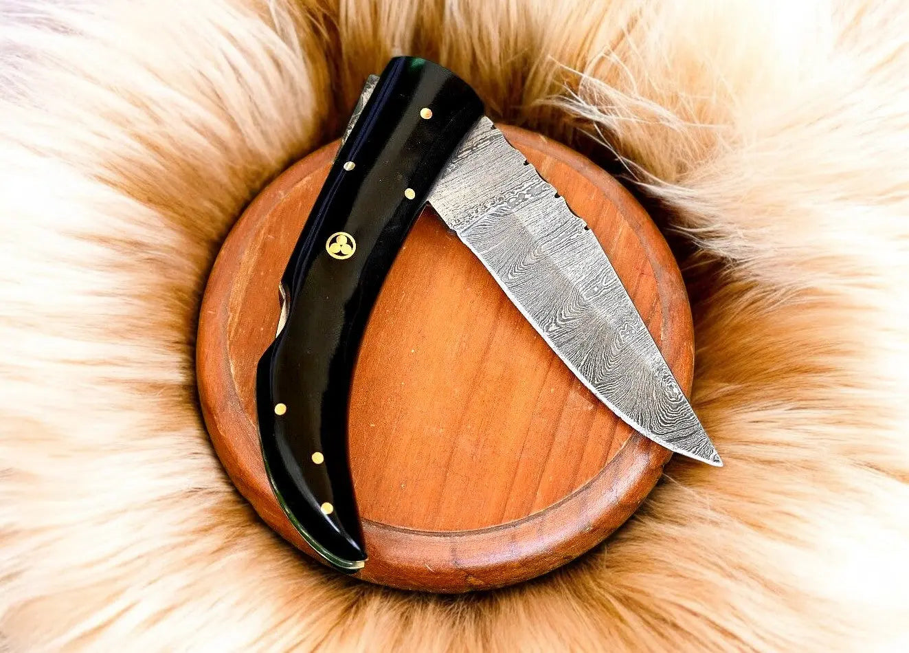 Handmade Damascus Steel Pocket Knife with Buffalo Horn by Damascus Knife Store, Damascus knife main product photo