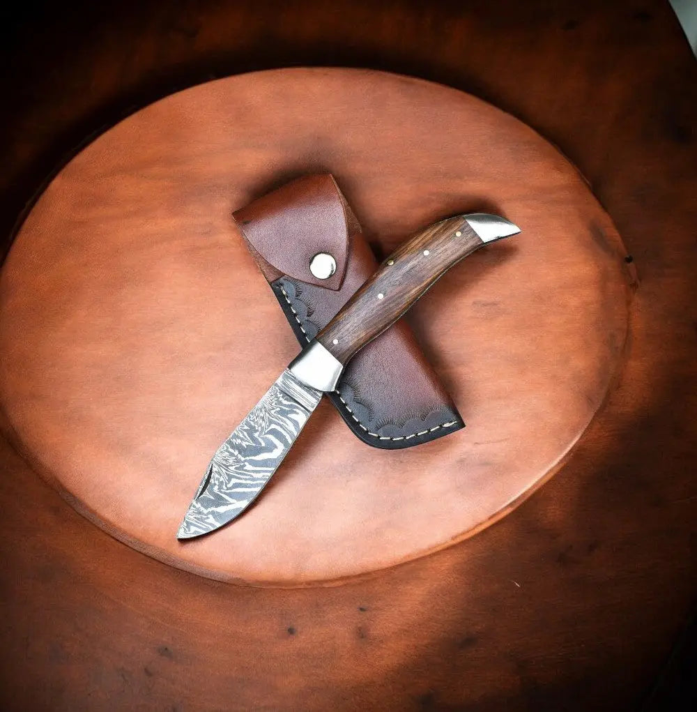 Handmade Damascus Steel Pocket Knife with Rosewood Handle by Damascus Knife Store, Damascus knife main product photo