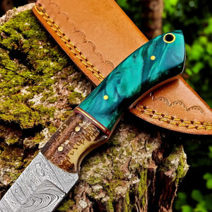 Handmade Damascus Steel Skinning Knife with Antler Horn Handle Damascus Knife Store
