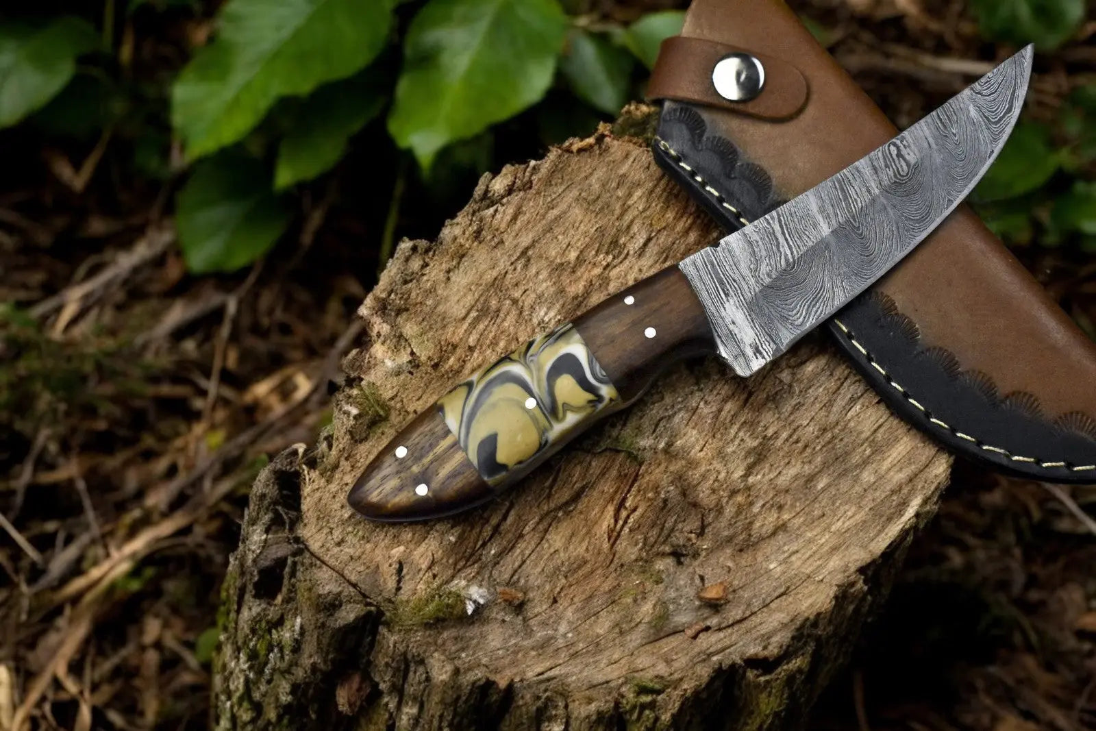 Handmade Damascus Steel Skinning Knife with Leather Sheath by Damascus Knife Store, leather knife sheath main product photo