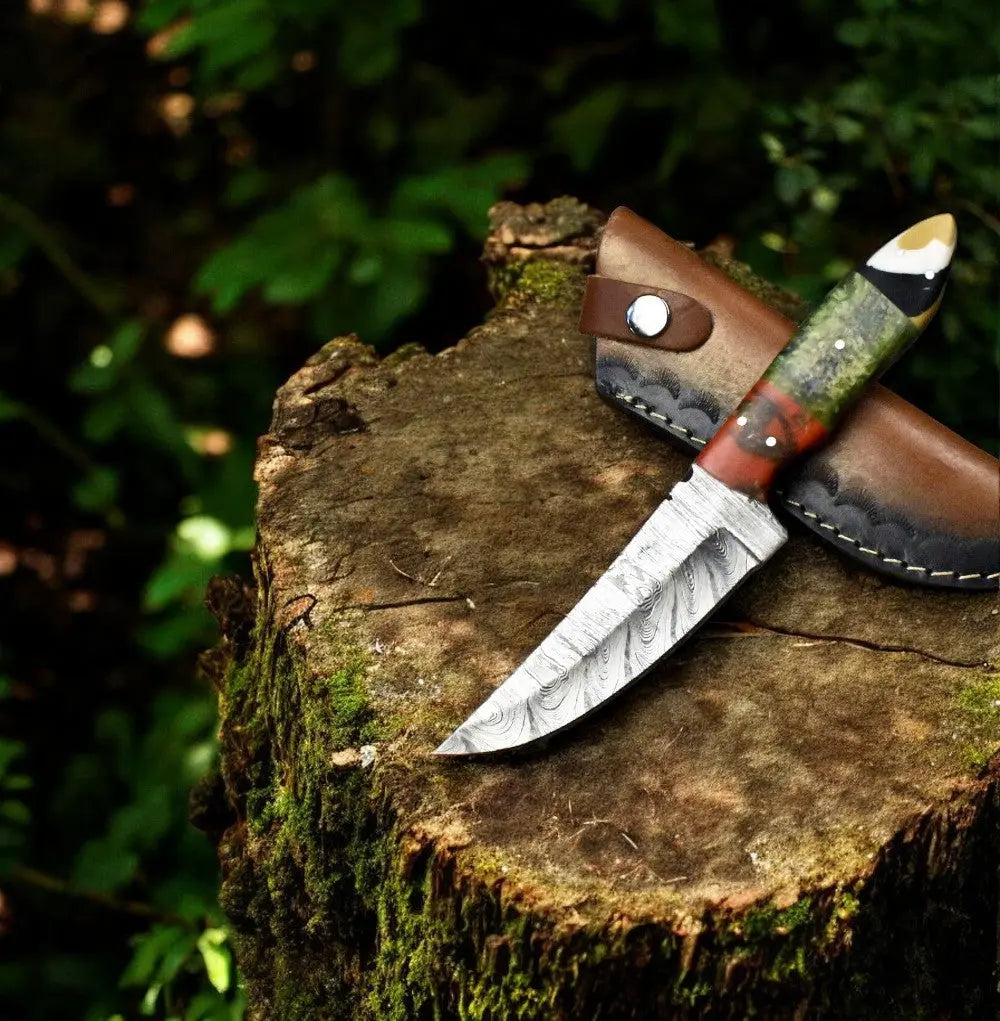 Handmade Damascus Steel Skinning Knife with Leather Sheath by Damascus Knife Store, leather knife sheath main product photo