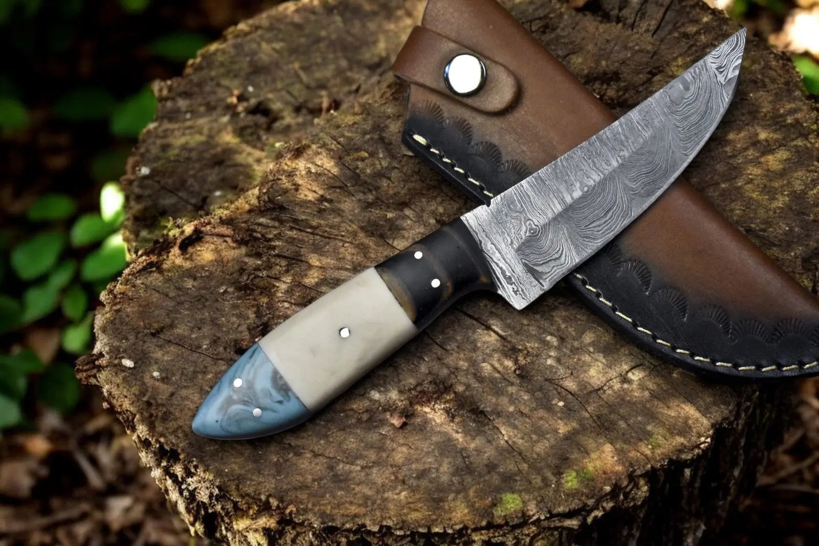 Handmade Damascus Steel Skinning Knife with Leather Sheath by Damascus Knife Store, leather knife sheath main product photo