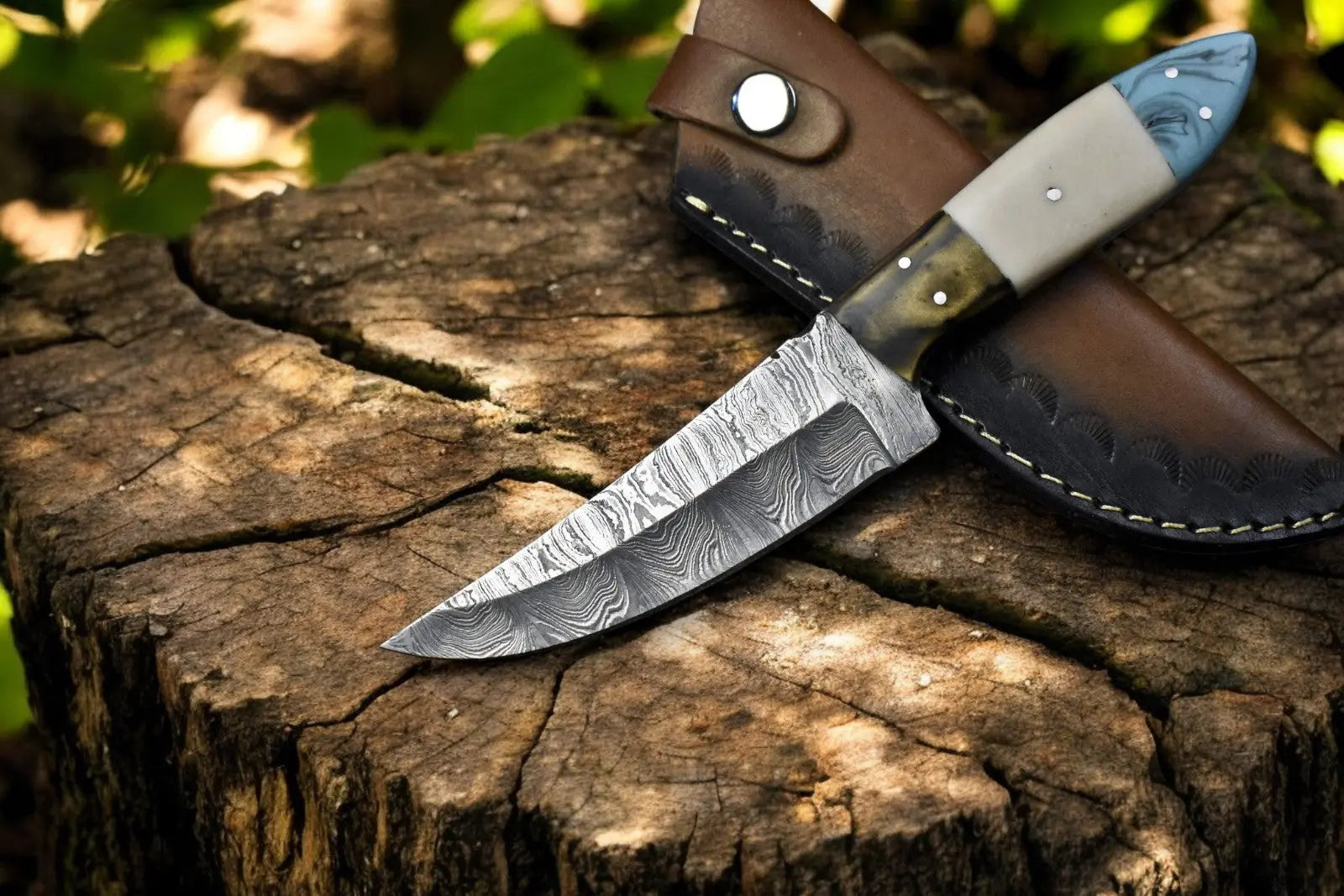 Handmade Damascus Steel Skinning Knife with Leather Sheath by Damascus Knife Store, leather knife sheath detail photo 2