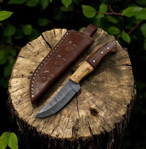 Handmade Damascus Steel Skinning Knife with Rosewood & Olivewood Handle Damascus Knife Store
