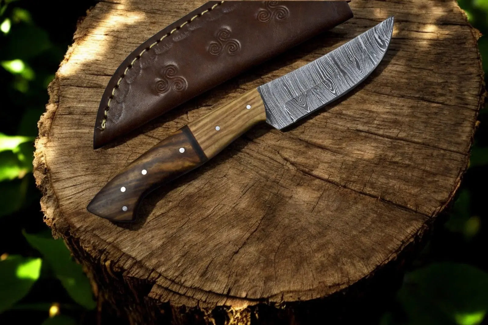 Handmade Damascus Steel Skinning Knife with Rosewood & Olivewood Handle Damascus Knife Store