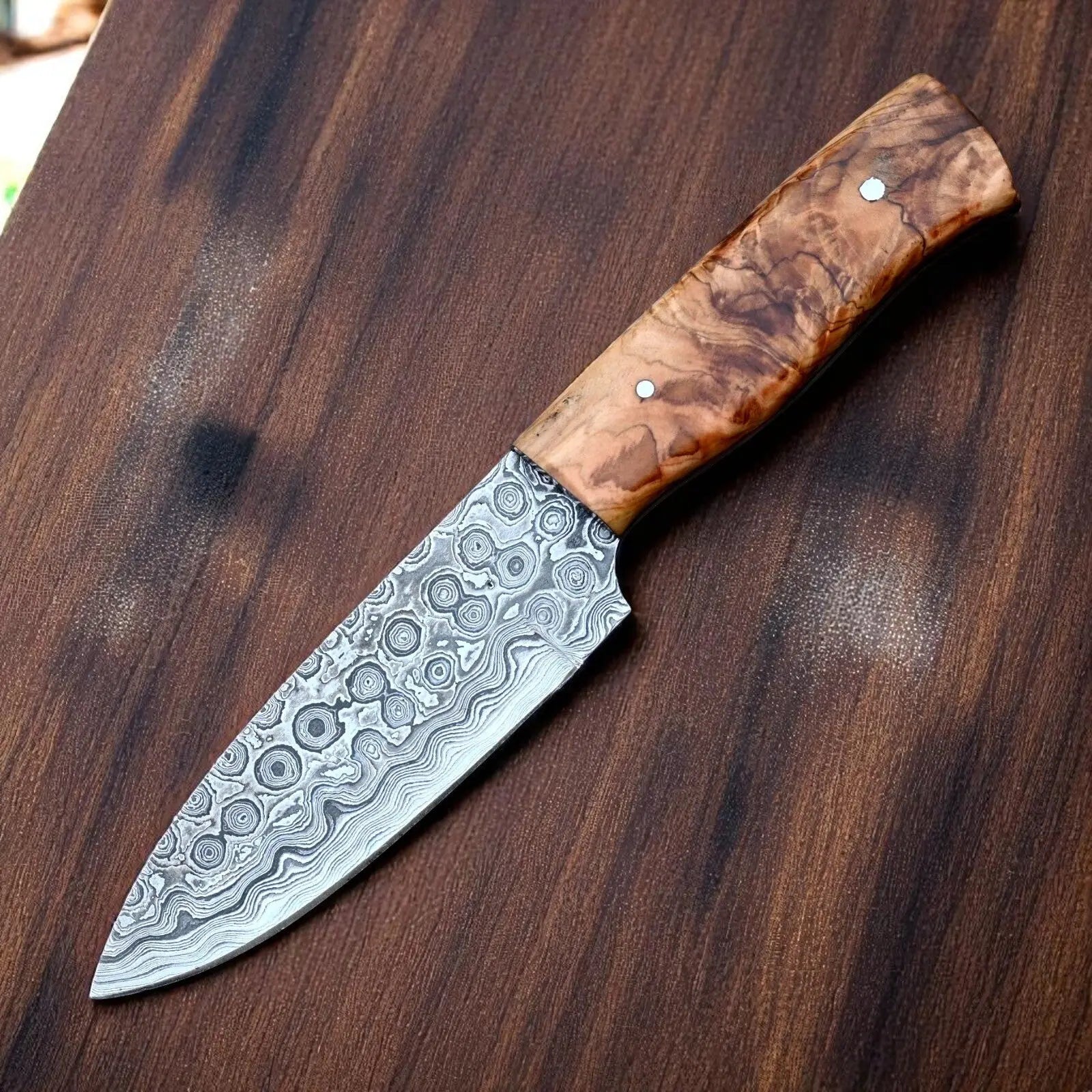 Handmade Damascus Steel Skinning Knife with Sheath by Damascus Knife Store, leather knife sheath main product photo
