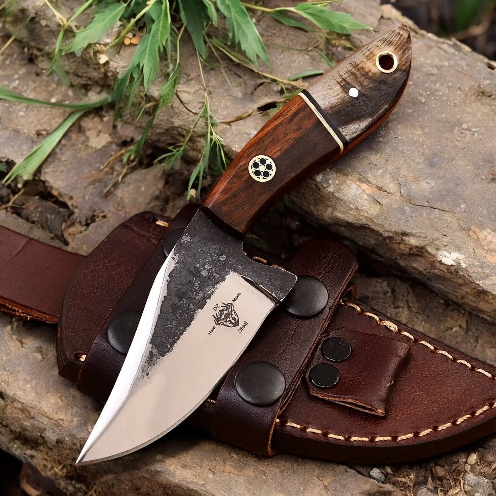 Handmade High-Carbon Steel Hunting Knife – 8" with Sheath by Damascus Knife Store, leather knife sheath detail photo 7