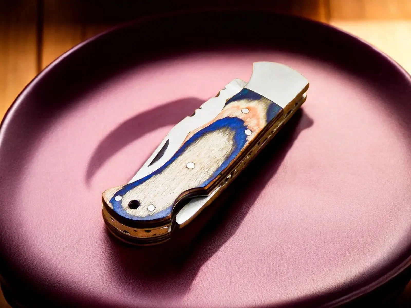 Handmade Stainless Steel Pocket Knife with Exotic Wood by Damascus Knife Store, Damascus knife detail photo 2