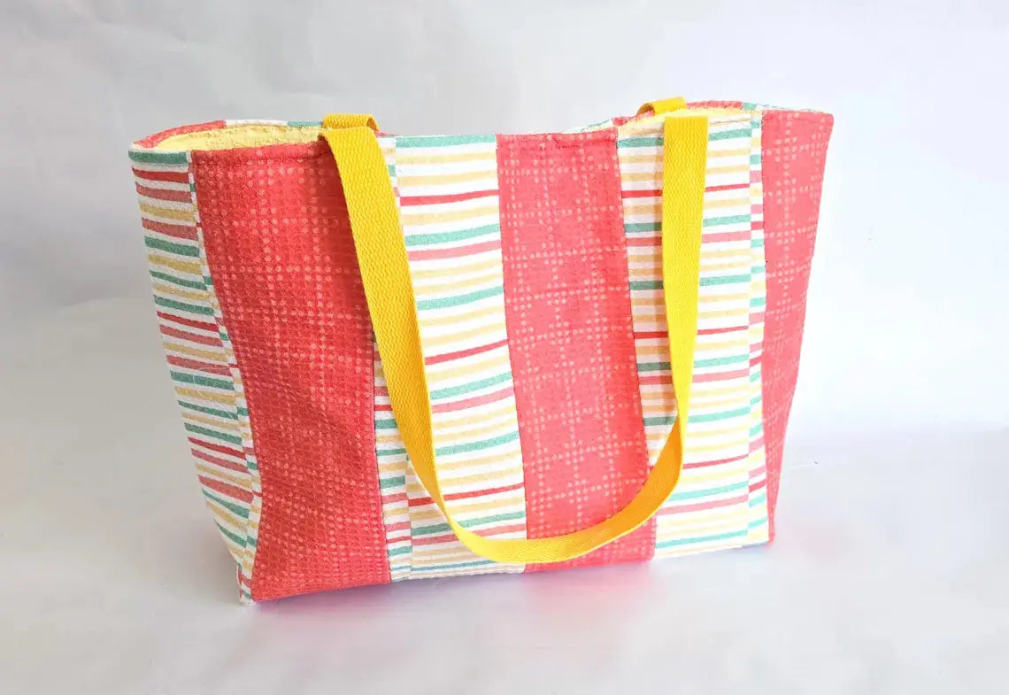 Handmade Terry Cloth Beach Tote – Striped Pool Bag with Yellow Straps by Maypop House Designs, handmade leather goods detail photo 3