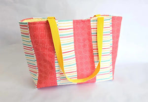 Handmade Terry Cloth Beach Tote – Striped Pool Bag with Yellow Straps by Maypop House Designs, handmade leather goods detail photo 3