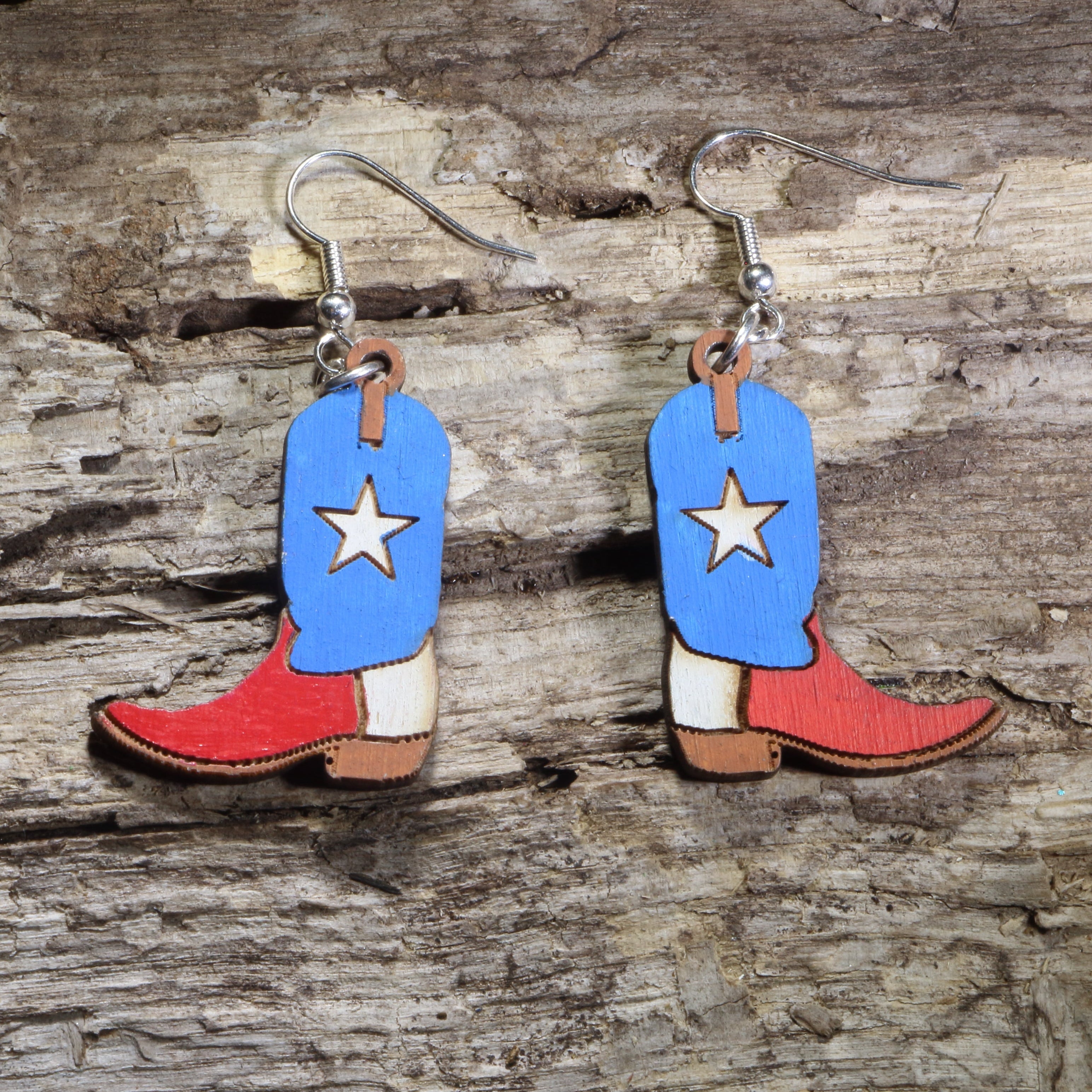 Texas Lone Star Cowboy Boot Wooden Dangle Earrings | Western Jewelry