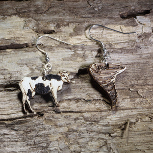 Cow and Tornado Wooden Earrings | Funny Weather Storm Jewelry