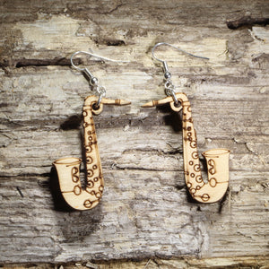 Saxophone Wooden Dangle Earrings | Band Instrument Jewelry