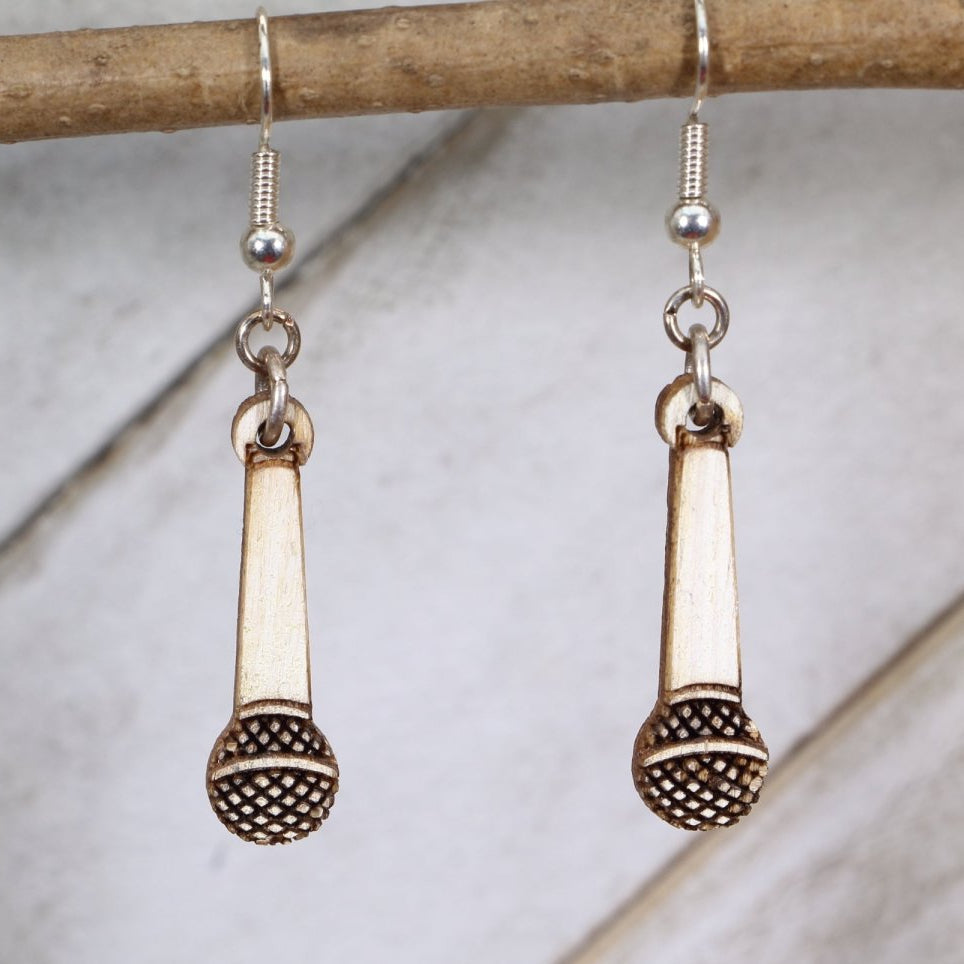 Hanging Microphone Wooden Dangle Earrings | Music Jewelry