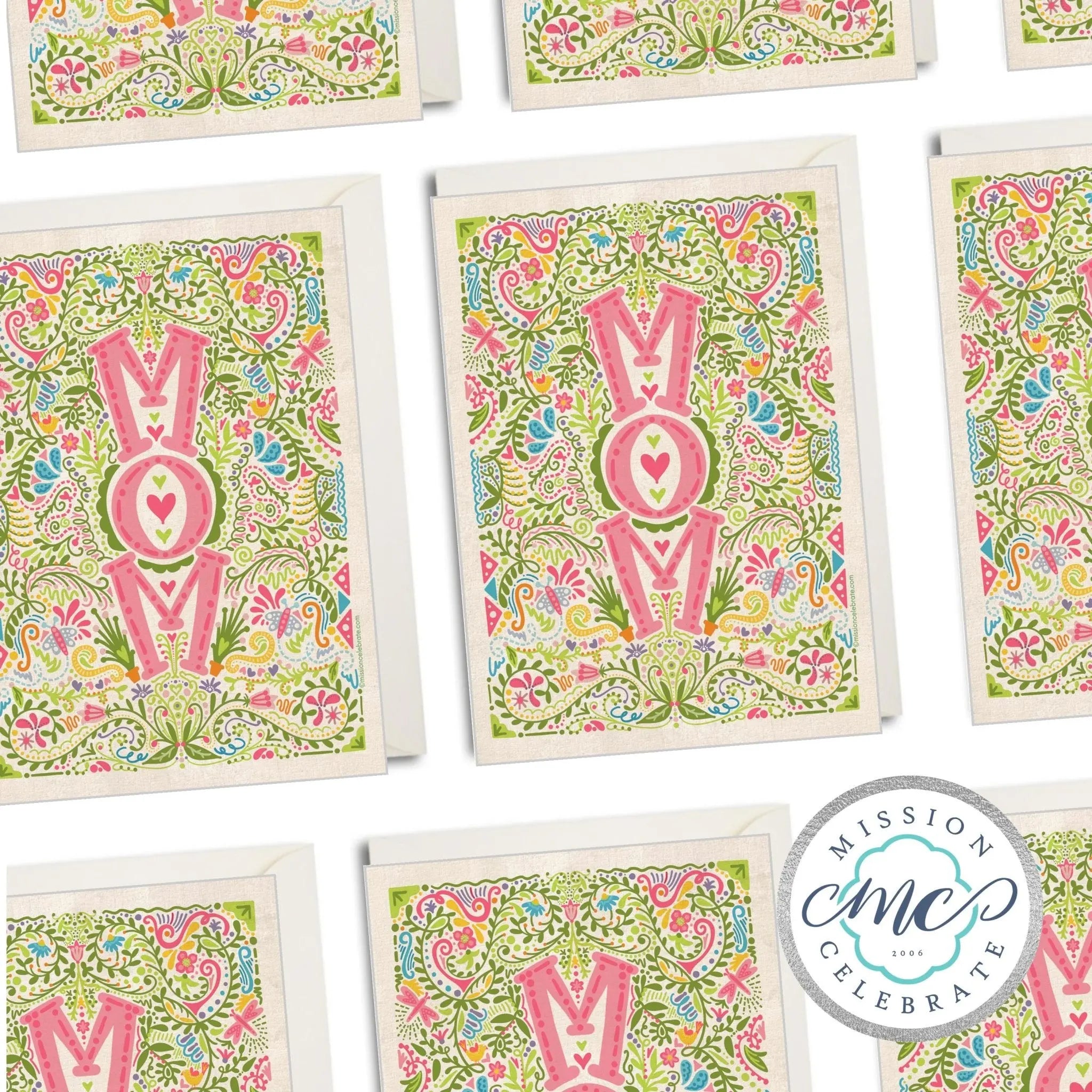 Hand-drawn Mother's Day card featuring MOM floral art by Leslie Gonce, Main Street Collective