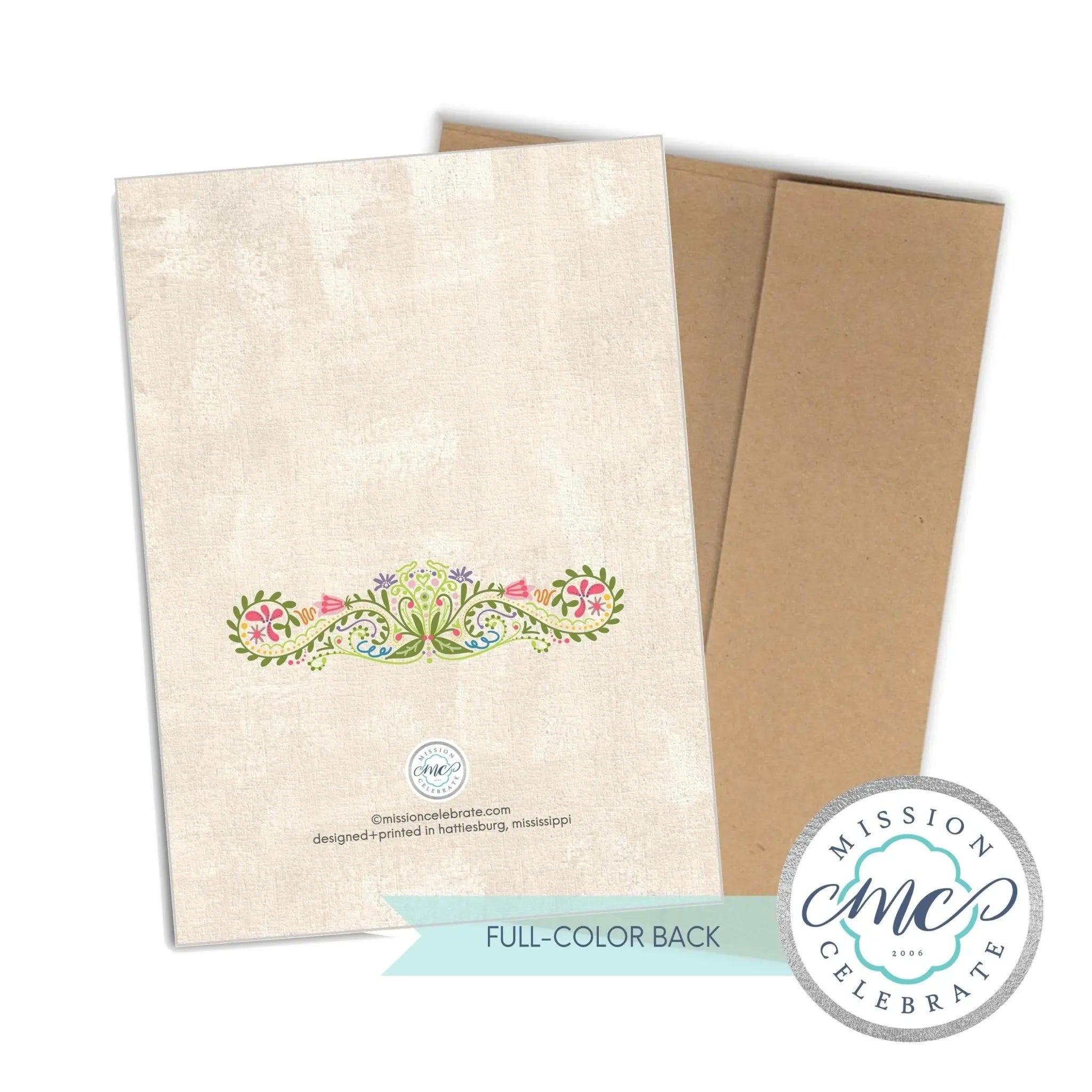 Mission Celebrate Mother's Day Card Back: Hand-Drawn Art, Envelope, and Brand Logo.