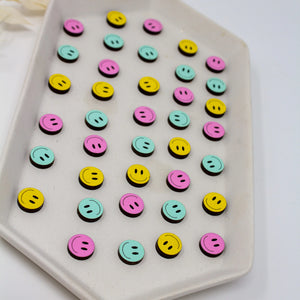 Happy Face Stud Earrings, 3 Colors Available hand painted on lightweight wood by LE CHIC MIAMI