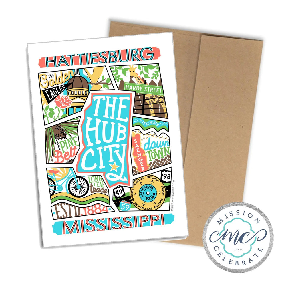 Hattiesburg The Hub City Collage Art by Mississippi Artist ©LeslieGonce Greeting Cards (A7 Size 5"x7" folded note note card with envelope) by Mission Celebrate, Southern