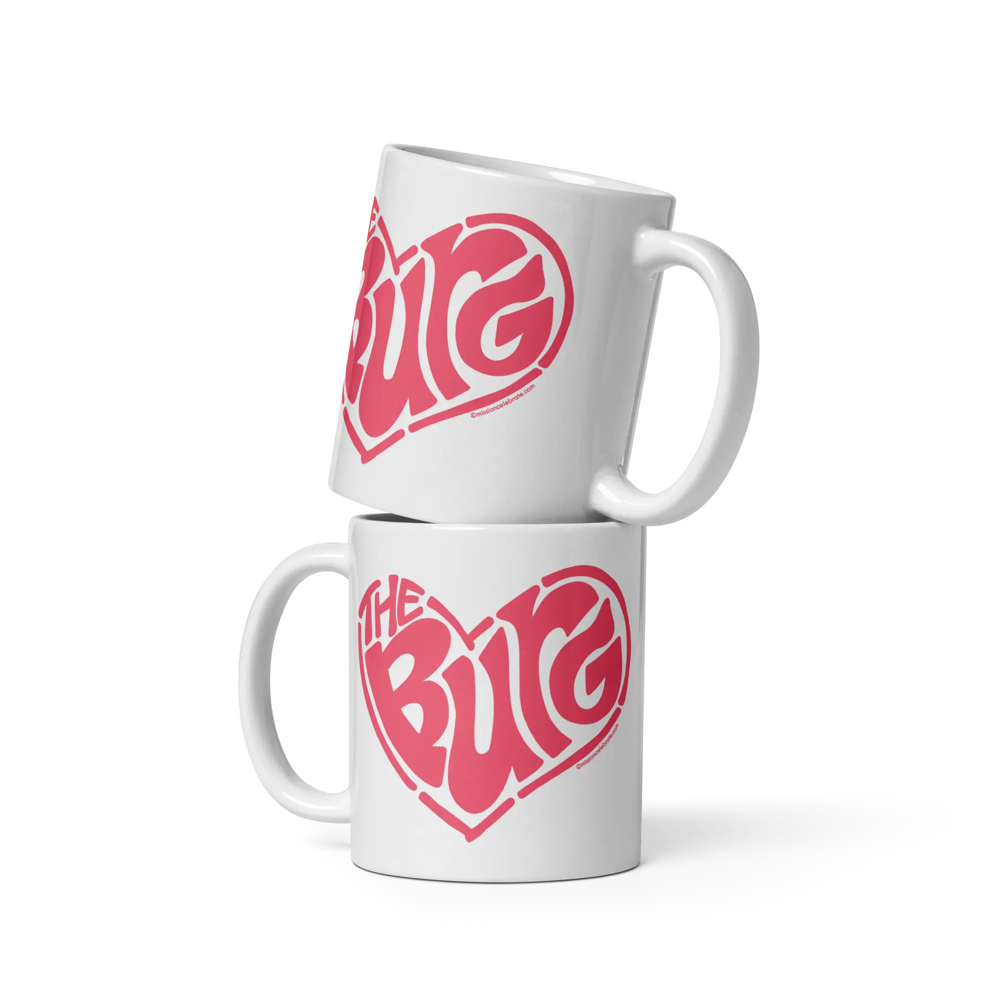 Two Hattiesburg "The Burg" mugs with a heart design, stacked on top of each other. "The Burg" text inside a heart. Main Street Collective mugs.